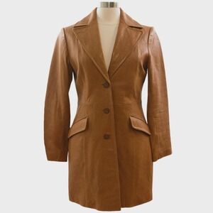 90s Vintage Tobacco Brown Leather Fitted Jacket Womens M Peak Lapel Car Coat